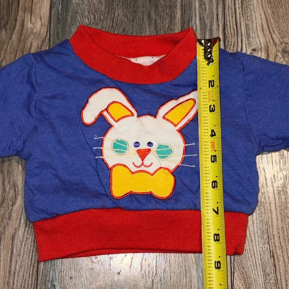 Vintage Reversible Baby Sweatshirt Blue White Bunny Applique Print Red Trim